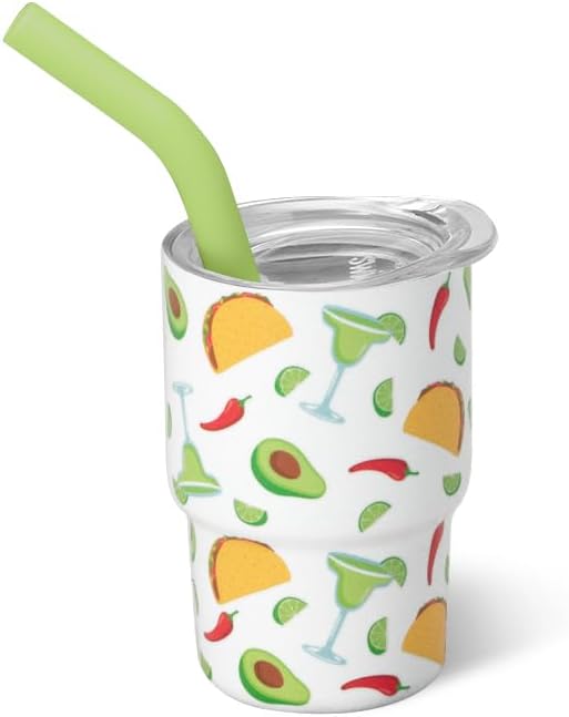 Swig Life Swig Shots Insulated Tumbler 2oz, Stainless Steel Mini Tumbler with Lid and Silicone Straw, Double Wall & Vacuum Sealed, Mini Tumblers for Shots (Taco Night)