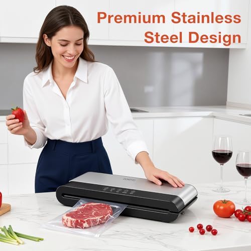 4-in-1 Vacuum Sealer Machine + 25-Pack Reusable 8.7″×8.3″ Vacuum Zipper Bags & 5 Clips – 85 kPa Suction, LED Touch Panel, Built-in Cutter, Dry & Moist Modes, BPA-Free Food Preservation Kit