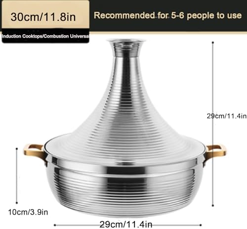Large Stainless Steel Moroccan Tagine Pot, Non-Stick 30cm Tajine Casserole with Cone Lid & 2 Handles, Elegant Gold Design for Authentic Moroccan Cooking