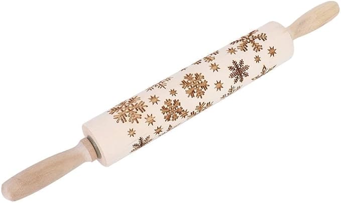 Embossed Wooden Rolling Pin for Baking, Deep Engraved Embossing Rolling Pin with Christmas Snowflake Flower Design for Baking Embossed Cookies Cute Kitchen Decor DIY Tool for Kids and Adults