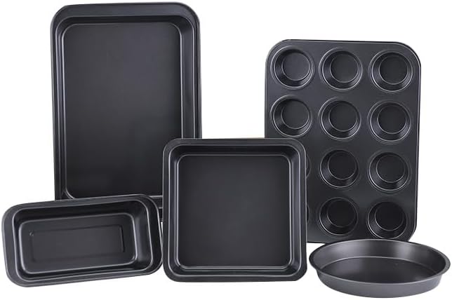 5-Piece Nonstick Bakeware Set, Heavy Duty Carbon Steel Baking Pans for Oven, Includes Baking Sheet, Muffin Pan, Loaf Pan, Round & Square Cake Pans, Professional Grade Heat Resistant, Black