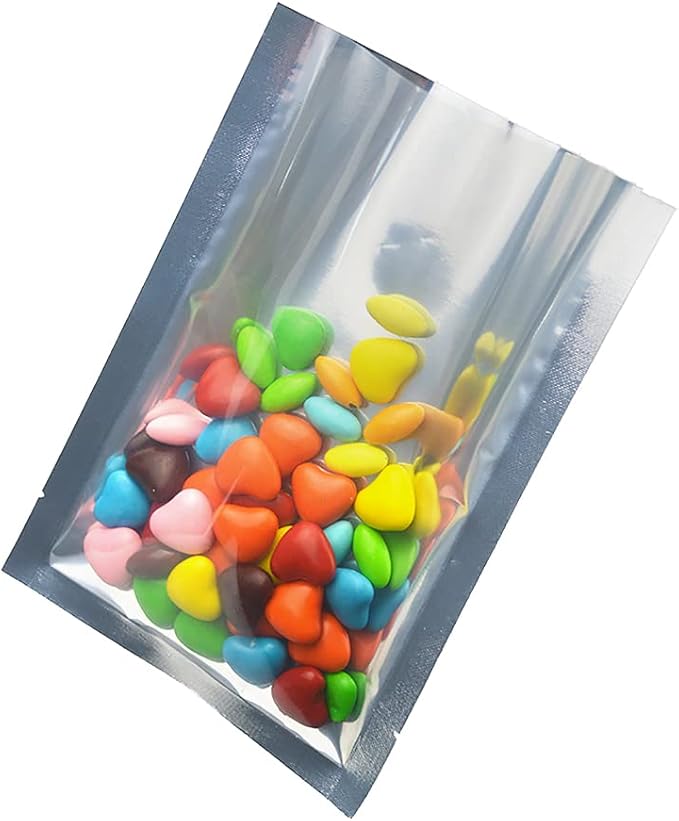 Silver Aluminum Foil Pouch Heat Seal Front Window Plastic Mini Open Top Flat Vacuum Packaging Mylar Bag Food Small Sample Mylar Storage with Tear Notch (500, 7x10cm(2.7x3.9 inch))