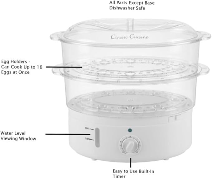 Classic Cuisine Food Steamer and Rice Cooker in one, Two-Tier Food Steamer for Healthy Meals anytime, cooks Vegetables, Fish, Dumplings, Eggs and more, 6.3 QT, Clear