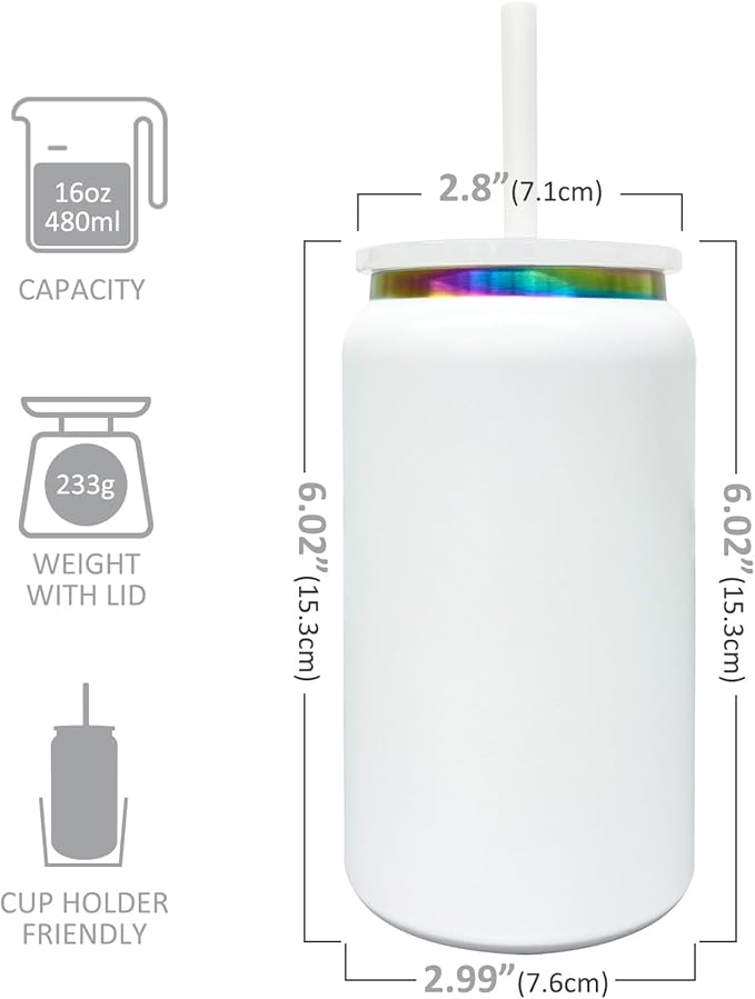 Glass Cups with Lids and Straws, 16 oz Stainless Steel Cups, Insulated Skinny Tumbler, Powder Coated Travel Mugs for Laser Engrave, Iced Coffee Cup for Smoothie Water DIY Gift (White,1 pack)