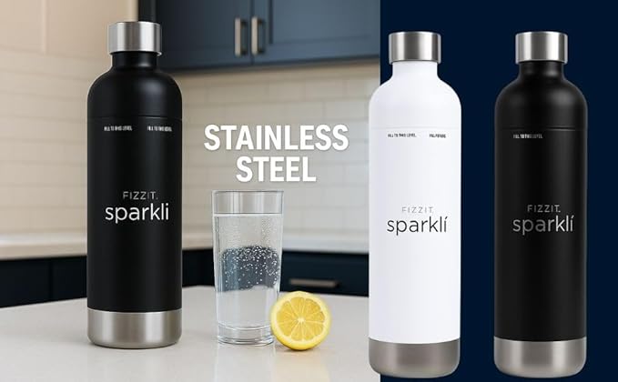 Fizzit Spärklï Carbonated Water Soda Maker in White with 2 Black Stainless Steel Bottles & 1 White Stainless Steel Bottle