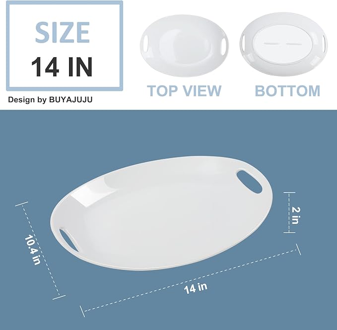 Buyajuju Porcelain Serving Platter with Handles, 14" serving dishes for entertaining, Oval Serving tray for Salad, Stew, Fruits and Pasta, Set of 2, White