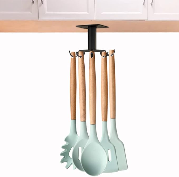 Aosome Under Cabinet Utensil Holder Hanger 360°Rotating Stainless Steel Kitchen Utensil Hanger 8 Hooks