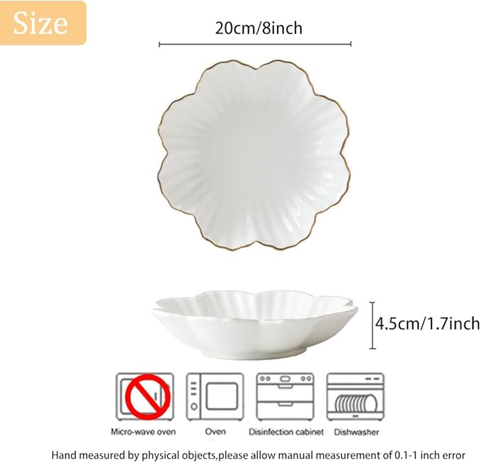 Porcelain Serving Dish,Ceramics Flower Relish Tray with Metallic Rim,Serving Bowls for Wedding,Party Perfect for Small Cereal, Pasta, Salad, Candy and Snacks White 8 inch (2pc-8inch)