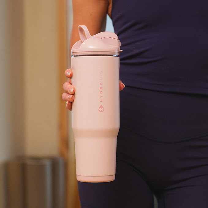 HydroJug Ease2o Water Bottle with Straw & Chug Lid, Stainless Steel, Vented Cap to Help Reduce Pressure, Water-Level Window, Cup Holder Friendly, Non-Slip Base – 40oz, Dusty Rose