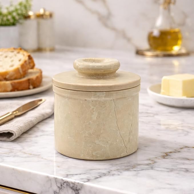 Verona Marble Butter Keeper - 4" French Butter Crock with Lid - Freezer Safe Stone Butter Dish - 90ml/3oz Capacity - Handwash Kitchen Storage