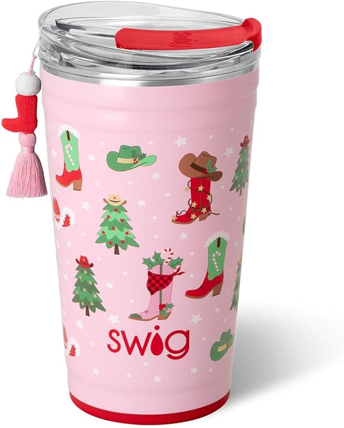 Swig Life 24oz Party Cup, Stackable Insulated Travel Coffee Tumbler with EZ Slider Lid, Cup Holder Friendly, Stainless Steel 24 oz Tumbler, Reusable Coffee Mug (Howdy Holidays)