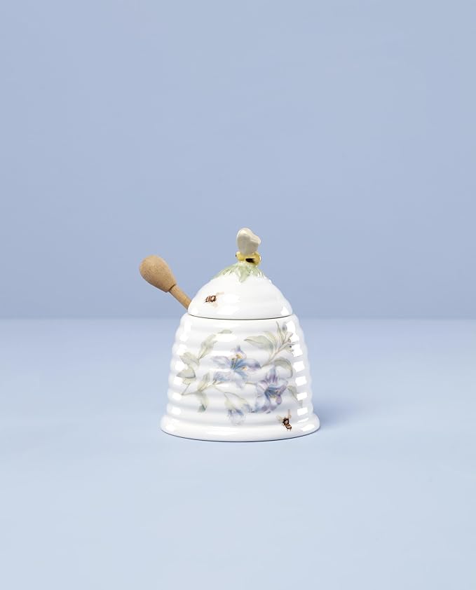 Lenox Home And Kitchen, Butterfly Meadow Beehive Honey Pot, Porcelain Material, Dishwasher Safe, Honey Jar, Honeypot, Bee And Flower Design, Bee Decor, Home Decor (White, 1 Piece, 10 Ounce Capacity)