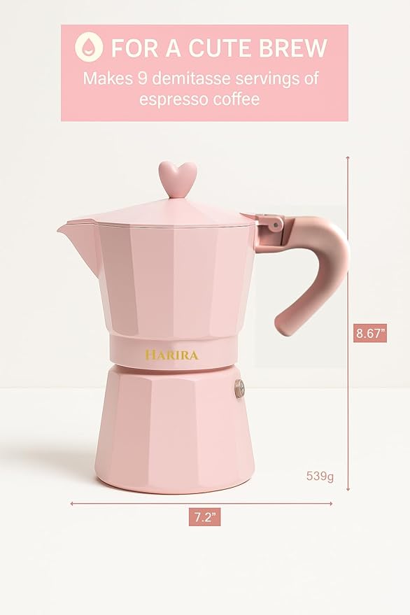 HARIRA 9 Cup Stovetop Espresso Maker Italian & Cuban Style Coffee Pot, Durable Aluminum Moka Pot with Ergonomic Handle, Rich Aromatic Brew, Pink Coffee Maker for Home or Travel