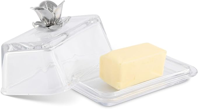 Arthur Court Glass Butter Dish with Lid Magnolia Flower Knob | Classic 2-Piece Design Covered Butter Keeper | Covers and Holds a Standard Stick of Butter | Spring Southern Décor