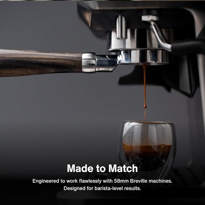 CREMA Coffee Products 58mm Bottomless Naked Portafilter | Compatible with 58mm Breville Machines | Includes Double Shot Filter Basket | Walnut