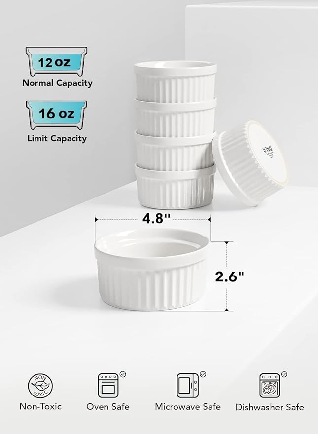 LE TAUCI Ramekins 16 OZ Oven Safe, Ceramic Souffle Dishes for Oven, Custard Cups, Creme Brulee Dishes, Porcelain Large Ramekins, Pudding Ramiken, Dipping Sauces, Set of 6, White