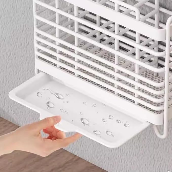 Utensil Holder Metal Hollow Out Kitchen Utensil Holder with 3 Compartments, Wall Mount/Countertop Utensil Drying Racks, White Utensil Caddy with Drain Tray and Hooks Cutlery Holder