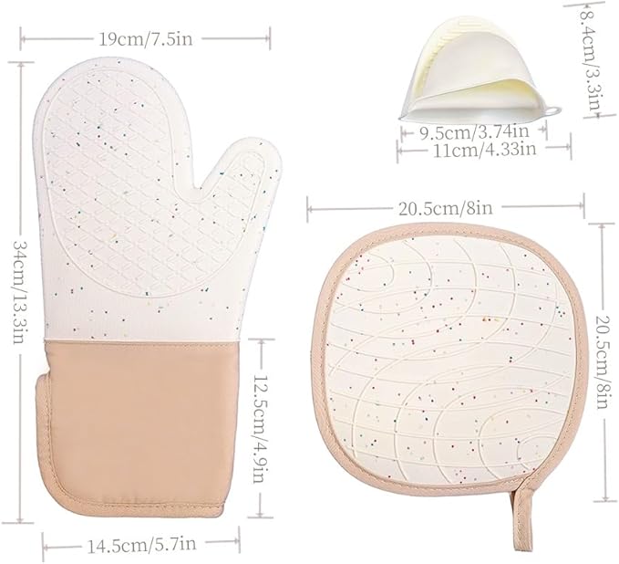 6-Piece Set Silicone Oven Mitts Cooking BBQ Gloves Non-Slip Heat Resistant Soft Cotton Lining Washable Baking Gloves Beige