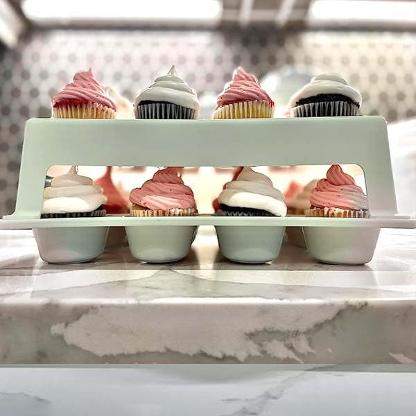 Top Shelf Elements Cupcake Carrier, EXTRA TALL LID, Green Cupcake Holder Carries 24 Standard-Size Cupcakes, Muffin Traveler Two Tier Stand Reusable Cupcake Box