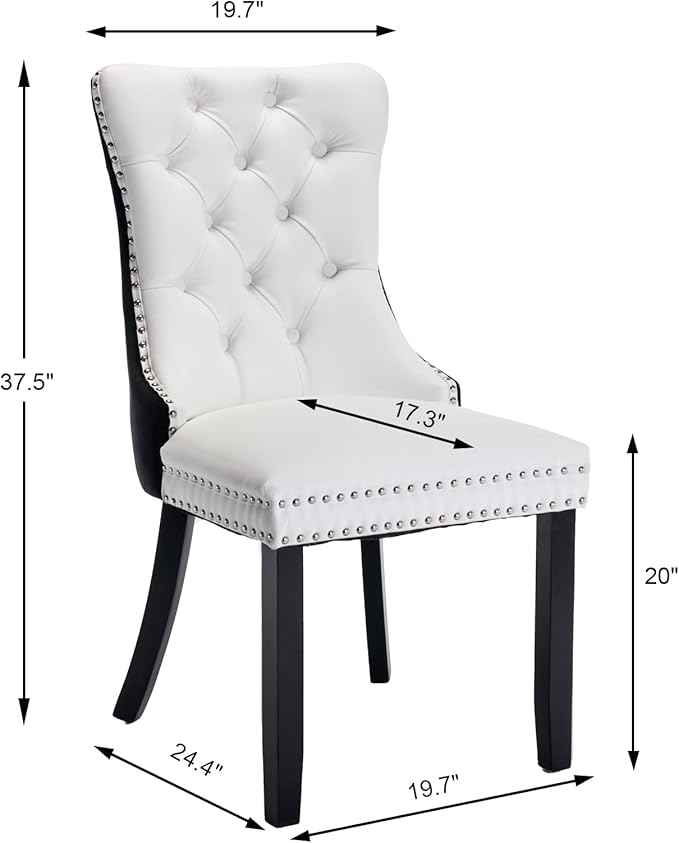 Dining Chairs Set of 6, Upholstered Dining Room Chairs with Back Ring Pull Trim and Solid Wood Legs, Modern Tufted Kitchen Chairs Perfect for Dining Room, White Pu Leather Splicing Black Velvet