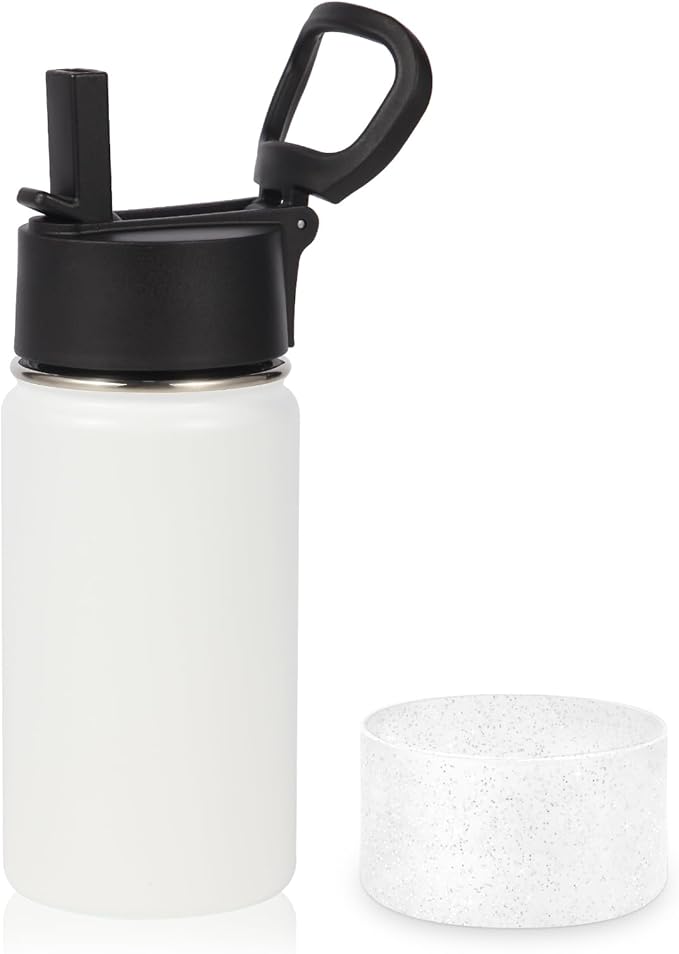 Volhoply 14oz KIds Stainless Steel Insulated Leakproof Water Bottle with Straw Lid and Silicone Boot,BPA-Free Easy Use for Boys&Girls,Double Wall Vacuum Bottles(White,1)