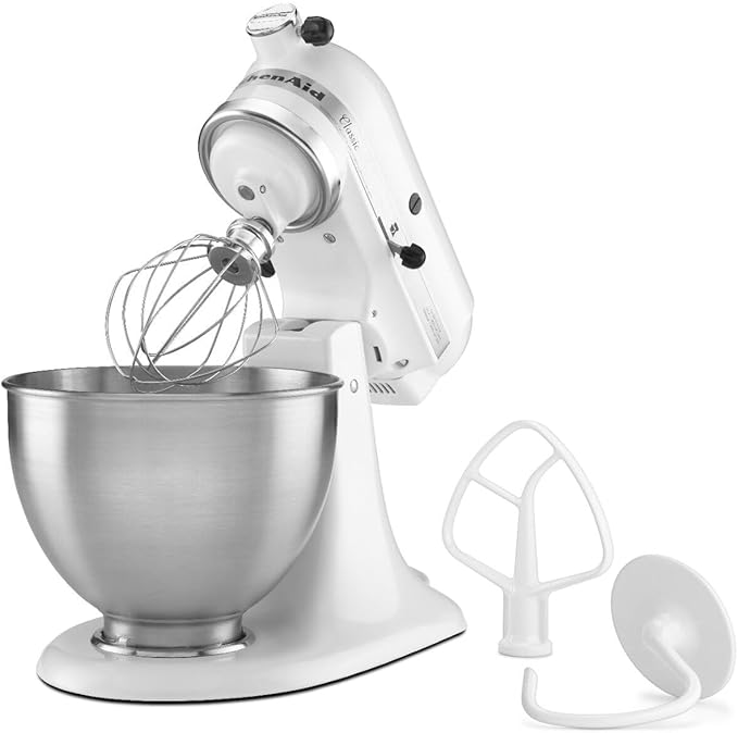 KitchenAid Classic Series 4.5 Quart Tilt-Head Stand Mixer K45SS, White & 7-Speed Mixer-KHM7210 Hand Mixer, White