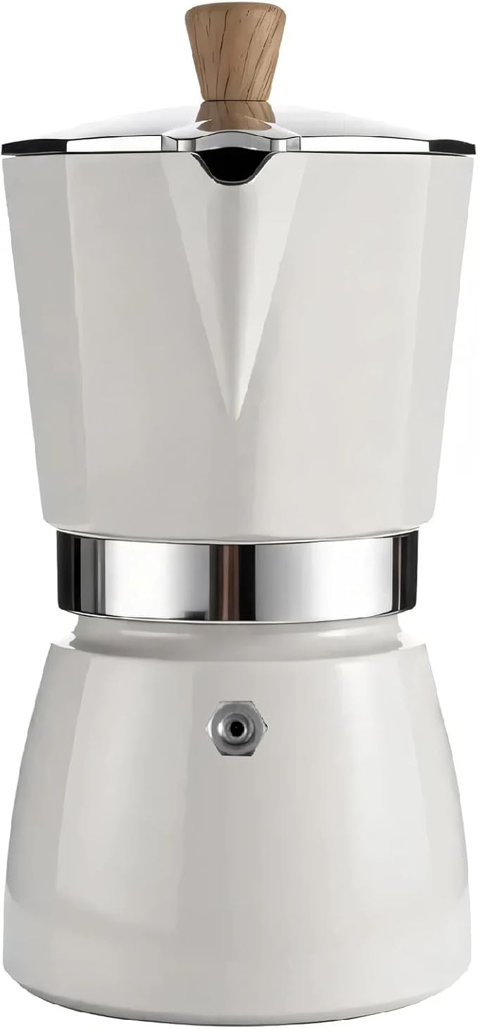 AGOGO Milano Moka Pot Stovetop Espresso Maker with 100 Paper Filters for Sediment-Free Coffee, Classic Italian Greca with Wood-Grain Handle,Cleaning Brush & Towel 6 Cup (10oz / 300ml) Cream