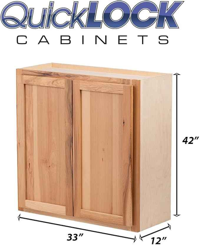 Quicklock RTA (Ready-to-Assemble) 42" Tall Wall Kitchen Cabinets - Shaker Style | 100% Hardwood | Made in America | Soft Close Hardware (12" D x 33" W x 42" H, Rustic Hickory)