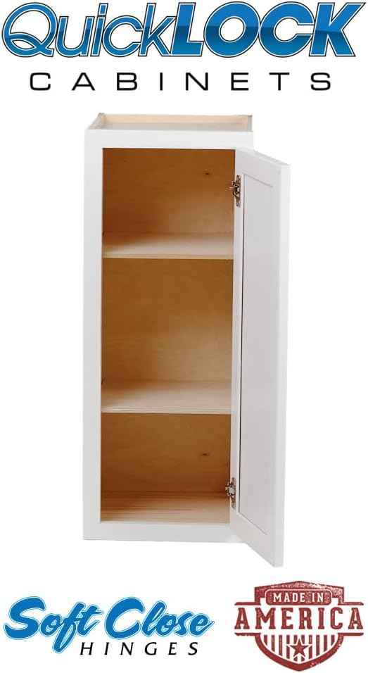 Quicklock RTA (Ready-to-Assemble) 42" Tall Wall Kitchen Cabinets - Shaker Style | 100% Hardwood | Made in America | Soft Close Hardware (Pure White, 12" D x 9" W x 42" H)