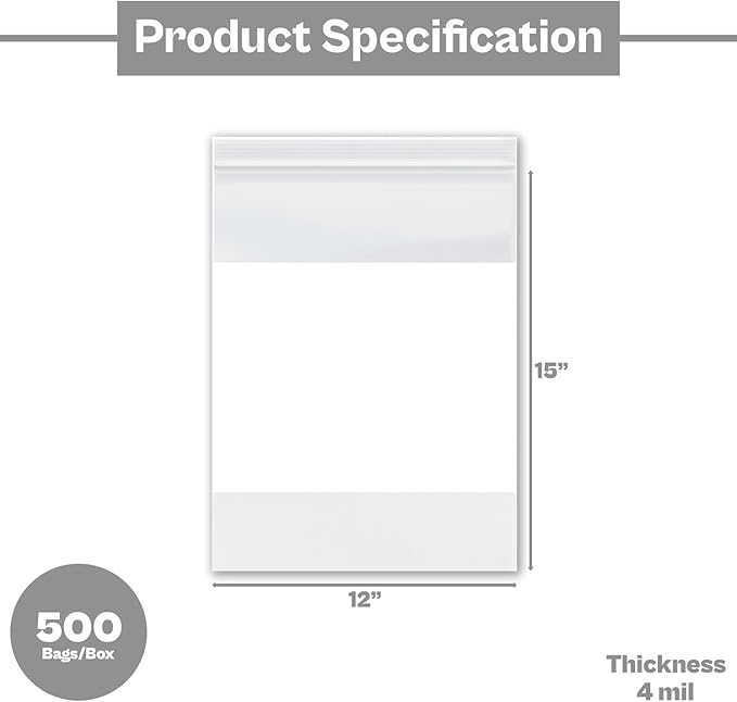PSBM 500 Count 4 Mil 12 Inch x 15 Inch, White Block Reclosable Poly Bags, With Write-On Block, Clear Zip Plastic Bag, Lock Seal Zipper For Packing, Storing, Organizing & Shipping Products