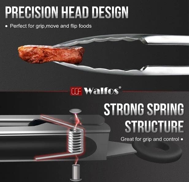 Walfos Stainless Steel Kitchen Tongs for Cooking, BBQ - 7 ，9, 12 and 14 Inch,Set of 4 Heavy Duty Locking Metal Food Tongs Non-Slip Grip