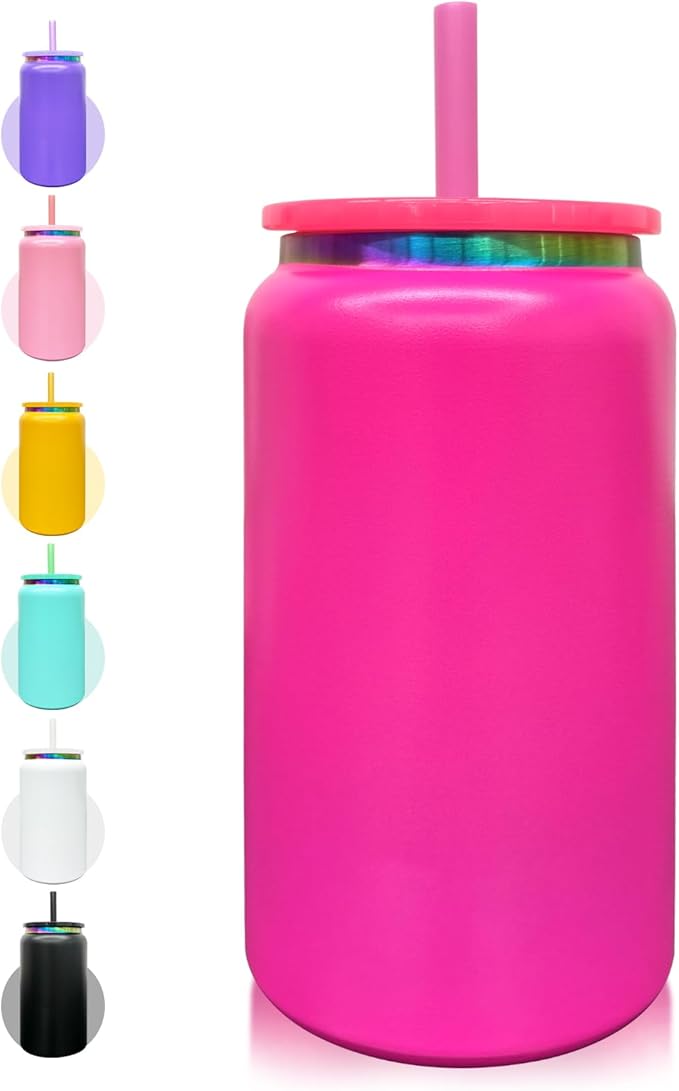 Glass Cups with Lids and Straws, 16 oz Stainless Steel Cups, Insulated Skinny Tumbler, Powder Coated Travel Mugs for Laser Engrave, Iced Coffee Cup for Smoothie Water DIY Gift (Rosy,1 pack)