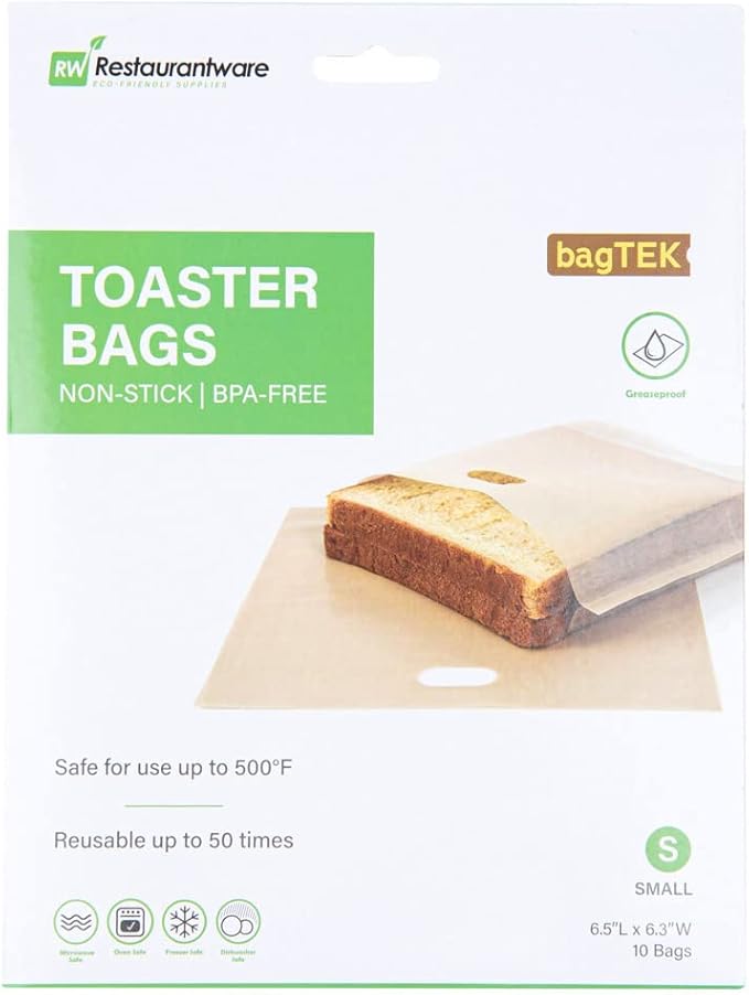 Restaurantware Bag Tek 6.5 x 6.3 Inch Toaster Bags 10 Small Toaster Sandwich Bags - Multipurpose Non-Stick Kraft Plastic Toaster Sleeves Semi-Disposable