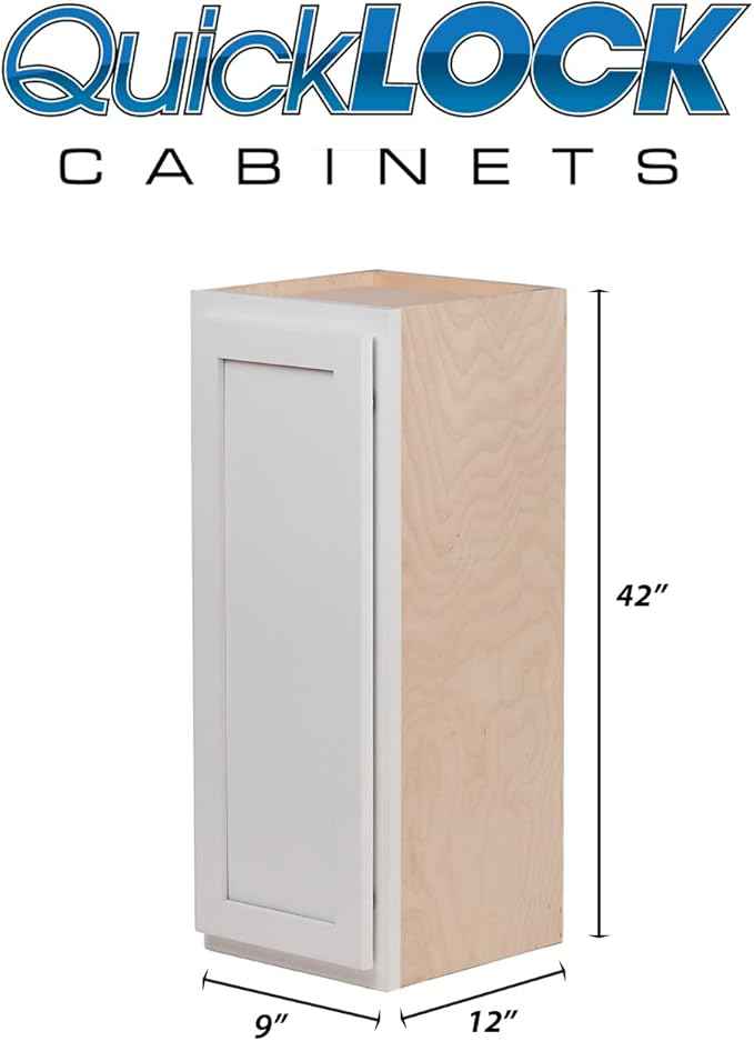 Quicklock RTA (Ready-to-Assemble) 42" Tall Wall Kitchen Cabinets - Shaker Style | 100% Hardwood | Made in America | Soft Close Hardware (Pure White, 12" D x 9" W x 42" H)