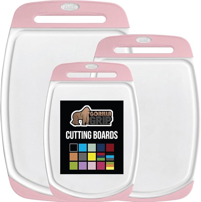 GORILLA GRIP BPA-Free Reversible Kitchen Cutting Board Set of 3, US Designed, Nonporous, Juice Grooves Catch Liquid, Slip Resistant Border, Dishwasher Safe, Durable Large Food Chopping Boards, Pink