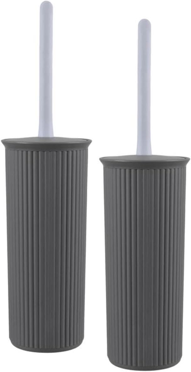 Decorative Plastic Toilet Bowl Brush and Holder Set, Grey (2 Pack) Cleaner Scrubber for Bathroom - Ribbed Design