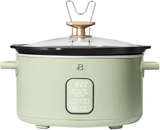 Beautiful 6 Qt Programmable Slow Cooker by Drew Barrymore -5 Preset Cooking Functions, Digital Countdown Timer, Dishwasher-Safe Parts and Cool-Touch Handles (Sage Green)