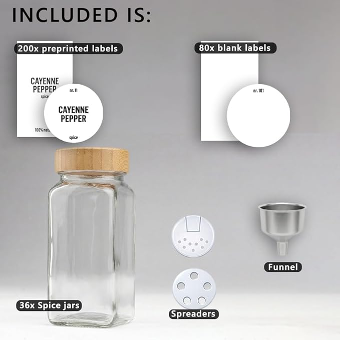 Deco haus Glass Spice Jars with Label 36x4oz [WHITE LABELS incl] Spice Containers with Labels, Shaker Lids & Funnel - Empty Herb Seasoning Containers, Small Seasoning Bottles for Herb with Lid