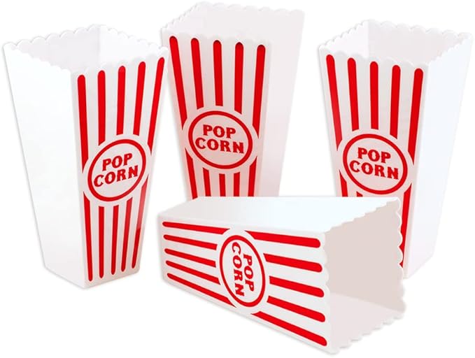 Novelty Place Plastic Red & White Striped Classic Popcorn Containers for Movie Night - 7.8" Tall x 3.8" Square (16 Pack)