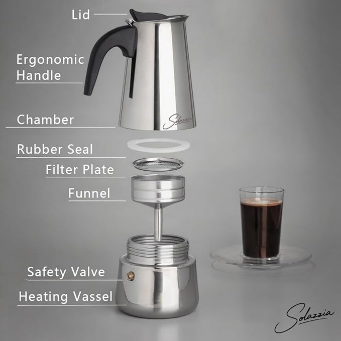 Espresso Maker 4 Cup Moka Pot Stainless Steel Percolator coffee pot, Compatible with Gas, Electric, Ceramic, and Induction stovetops(6.6 fl oz/200 ml)
