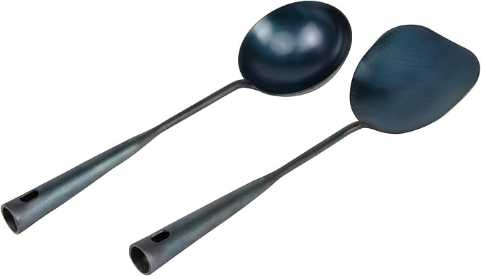 ZhenSanHuan Chinese Traditional HandMade Iron Spatula & Ladle Wok Tool Set,Long wok utensils (Ladle and Spatula Set, 32CM/12.6'')