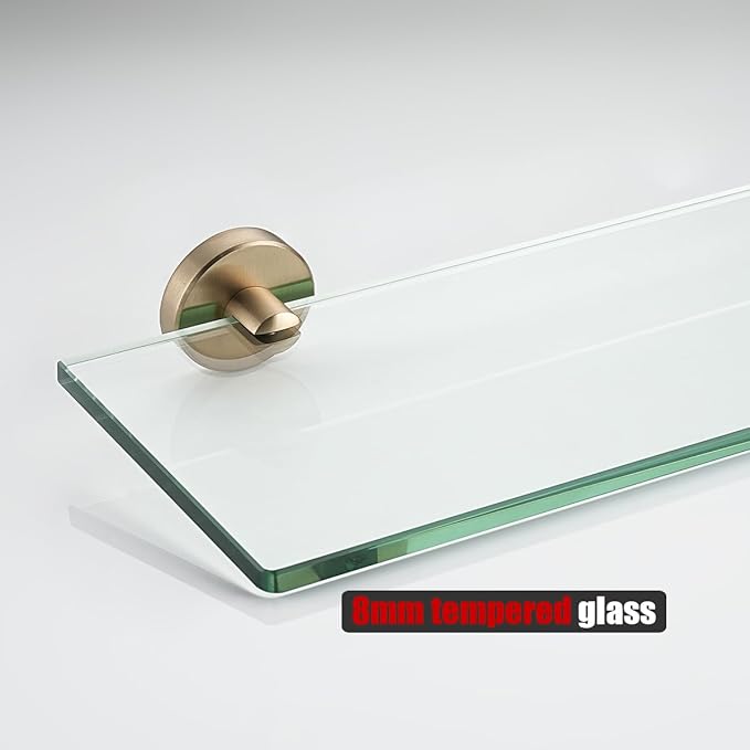 JQK Bathroom Glass Shelf, Tempered Glass Shower Storage 12 by 5 inches, 304 Stainless Steel Champagne Bronze Wall Mount, TGS101L12-CB