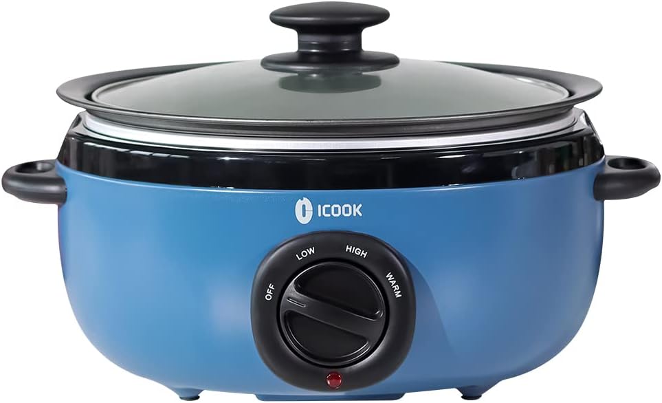 ICOOK USC-65-OP001BL 6.5 Quart Slow Cooker,Aluminium Sear/Sauté Stew Pot Stovetop safe,Dishwasher Safe,Glass Lid,Adjustable Temp,Food Warmer(Blue)