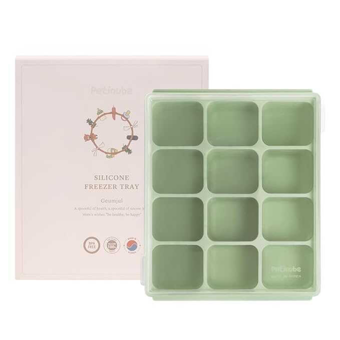 Baby Food Storage Silicone Cubes with Clip-On Lid Freezer Tray Baby Food Soups Purees Ice Safe Design Made in Korea (12cubes 1.5oz, Celadon Green Set of 2)