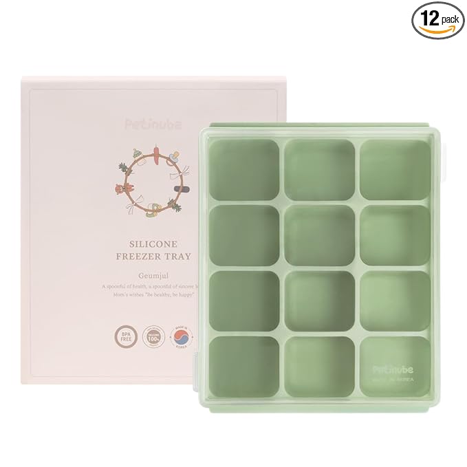 Silicone Freezer Tray, Baby Food Storage Cubes with Clip-On Lid, Freeze Baby Food, Soups, Purees, Ice, Easy and Safe Design, Made in Korea (12, Celadon Green)