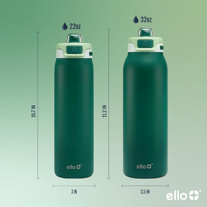 Ello Pop & Fill 32oz Stainless Steel Water Bottle with Quick Fill Technology, Double Walled and Vacuum Insulated Metal, Leak Proof Locking Lid, Sip and Chug, Reusable, BPA Free, Forest Mist