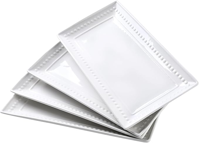 14 inch Ceramic Serving Platter - Rectangular Serving Trays Set of 4, Large Embossed Plates, Porcelain White Platters for Steak, Appetizer, Dessert, Tacos, Housewarming, Oven Dishwasher Safe