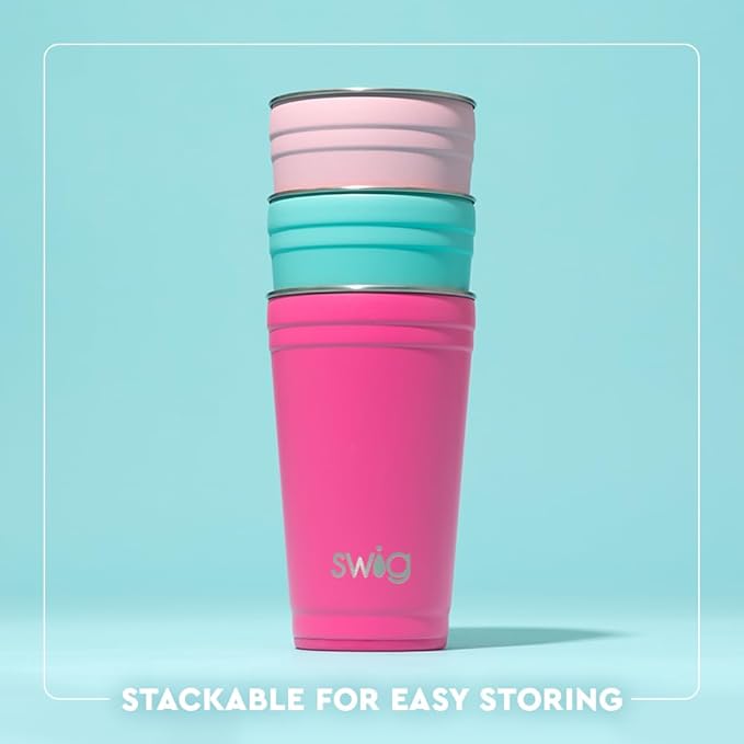 Swig Life 24oz Party Cup, Stackable Insulated Travel Coffee Tumbler with EZ Slider Lid, Cup Holder Friendly, Stainless Steel 24 oz Tumbler, Reusable Coffee Mug (Check Mate)