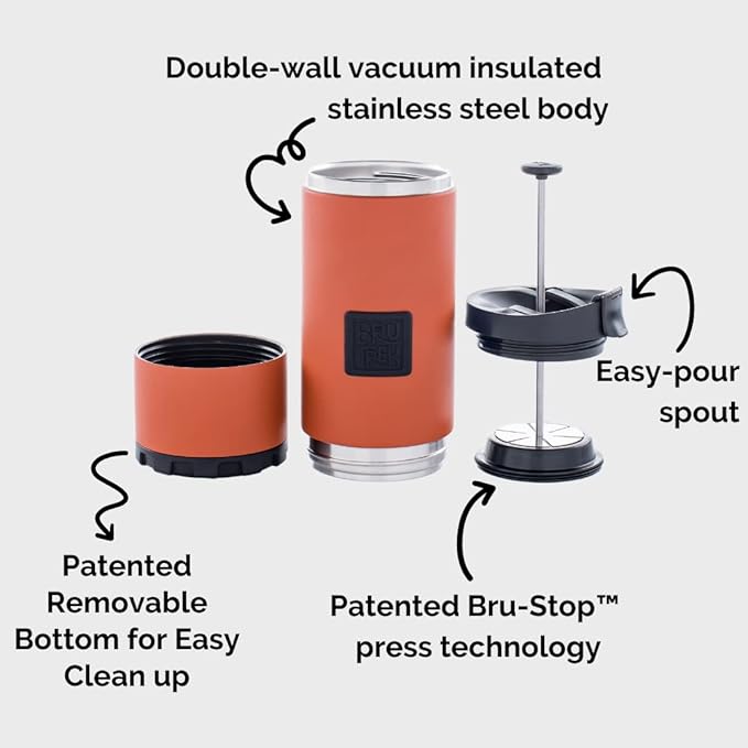 BruTrek® by Planetary Design OVRLNDR Travel Coffee French Press, 24 fl.oz Capacity, Double Wall Vacuum Insulated, Easy To Clean Removable Bottom, No Spill Lid, On The Go Coffee Brewing (Obsidian)
