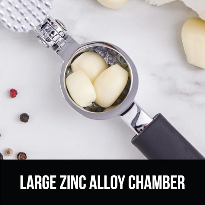 GORILLA GRIP Garlic Press and Peel Set, Heavy Duty Mincer Tool, Large Ergonomic Handle, Easily Mince, Crush Garlics Ginger Nuts, Peeler Included for Peeling Cloves, Holiday Prep Kitchen Gadgets, Black